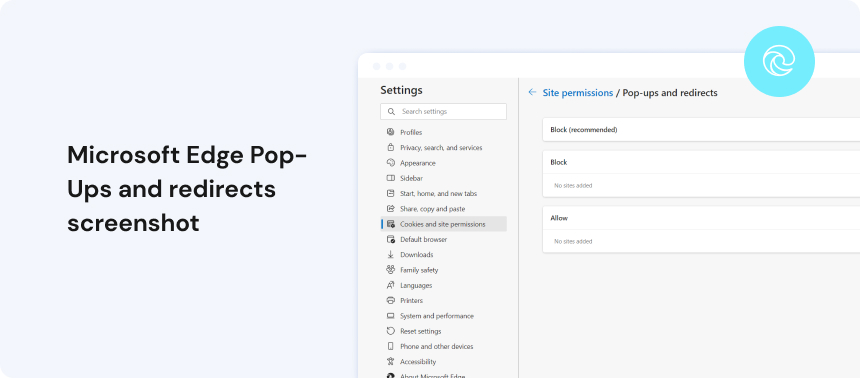 Microsoft Edge Pop-Ups and redirects screenshot